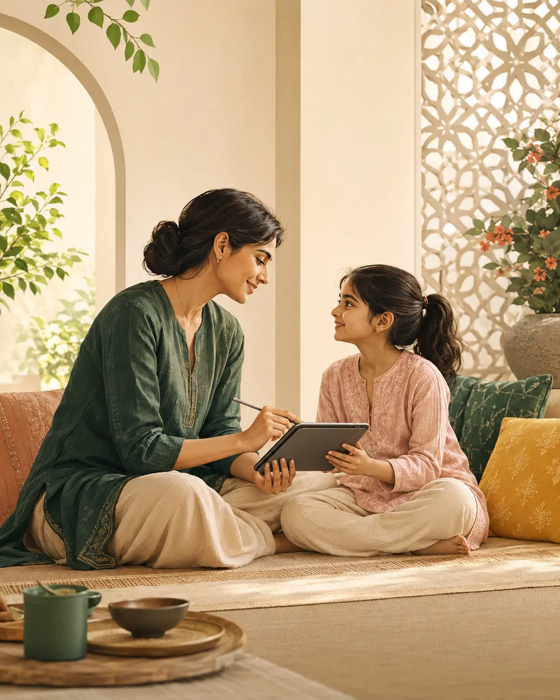 A parent and child setting calm digital boundaries together